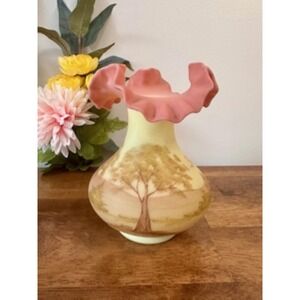 Fenton Burmese Uranium Glass‎ Vase Signed Sue Foster Hand Painted Landscape Art
